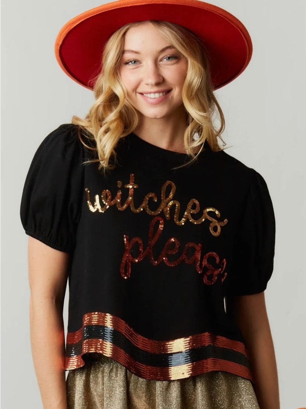 Peach Love California Black Short-Sleeve Sequin 'Witches Please' Tee